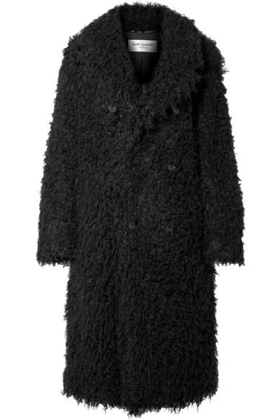 Shop Saint Laurent Oversized Double-breasted Faux Shearling Coat In Black