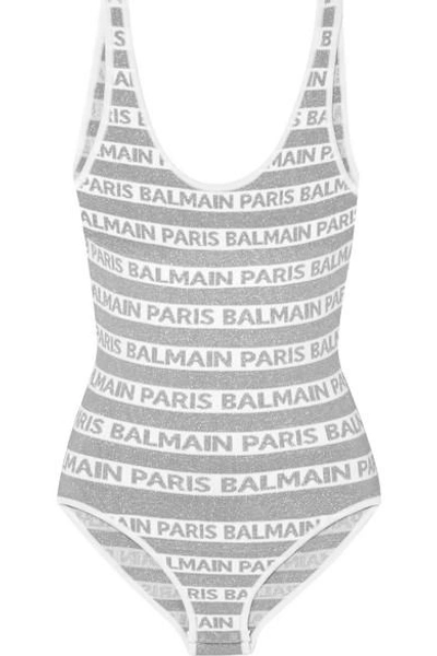 Shop Balmain Metallic Intarsia Stretch-knit Bodysuit In White