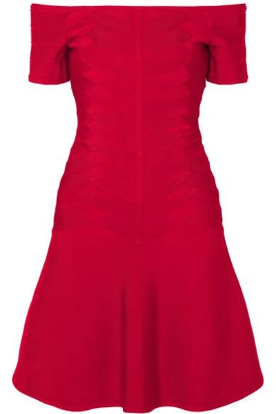 Shop Herve Leger Off-the-shoulder Bandage Mini Dress In Red