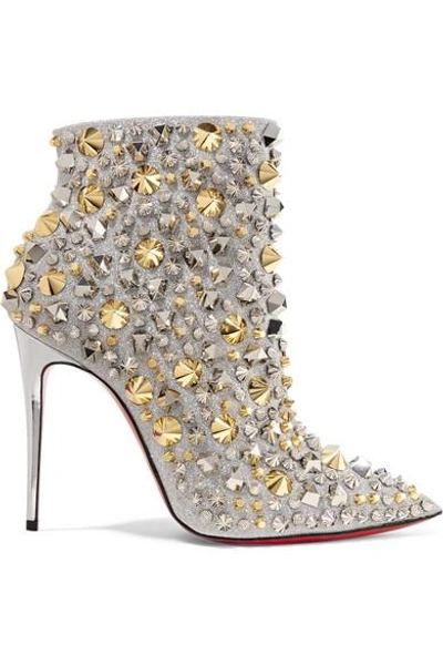 Shop Christian Louboutin So Full Kate 100 Embellished Glittered Leather Ankle Boots In Silver