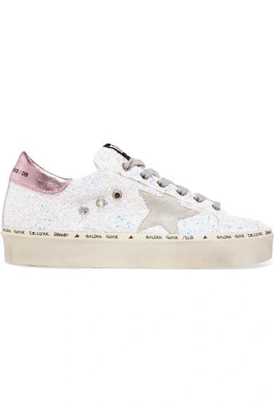 Shop Golden Goose Hi Star Distressed Glittered Leather Sneakers In White