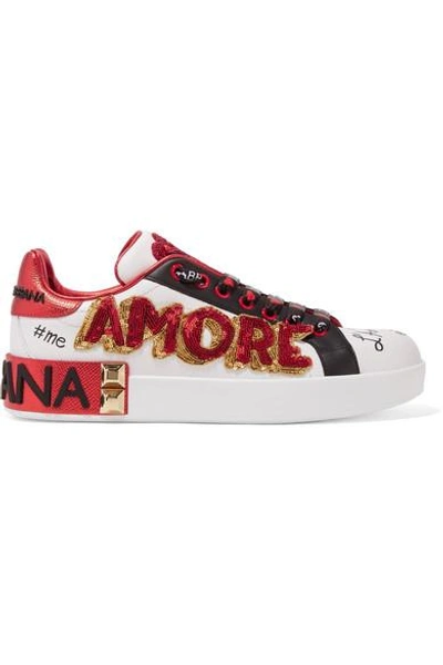 Shop Dolce & Gabbana Embellished Printed Leather Sneakers