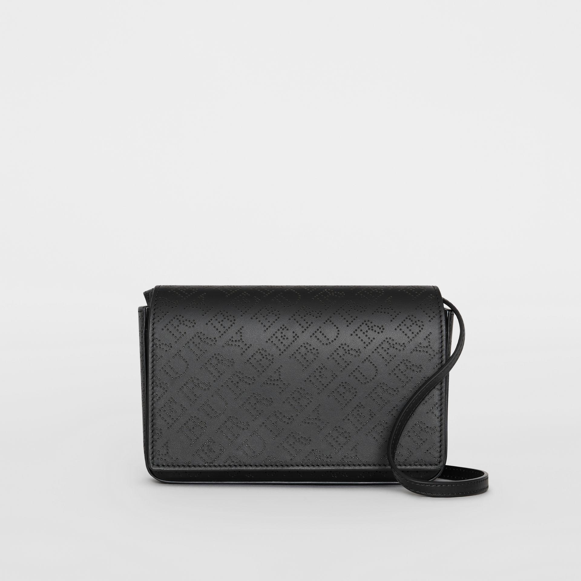 perforated logo leather wallet with detachable strap