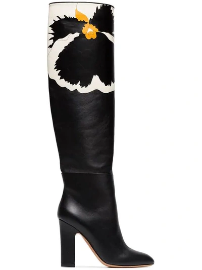 Shop Valentino Floral Knee High Boots In Black