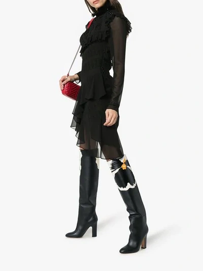 Shop Valentino Floral Knee High Boots In Black