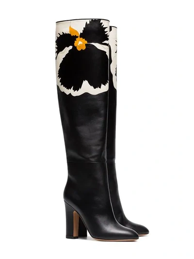 Shop Valentino Floral Knee High Boots In Black