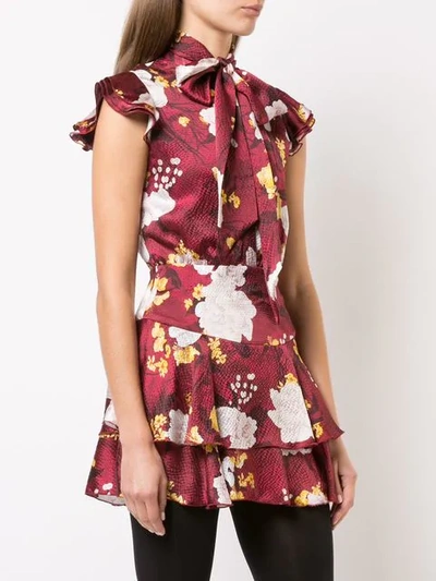 Shop Alice And Olivia Floral Print Tie Neck Dress In Red