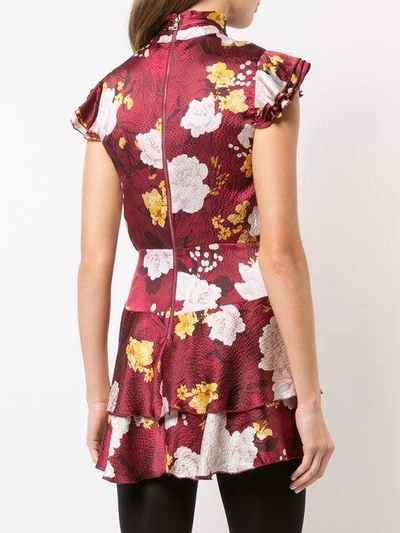 Shop Alice And Olivia Floral Print Tie Neck Dress In Red