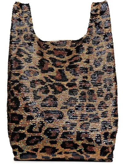Shop Ashish Black And Brown Classic Big Leopard Sequin Tote Bag