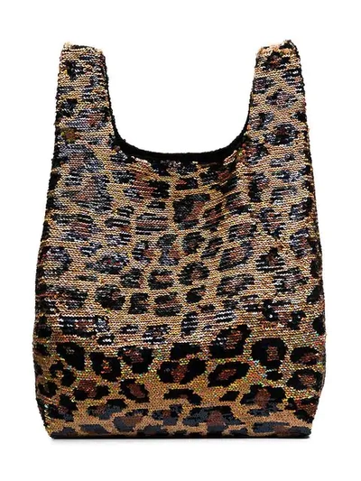 Shop Ashish Black And Brown Classic Big Leopard Sequin Tote Bag