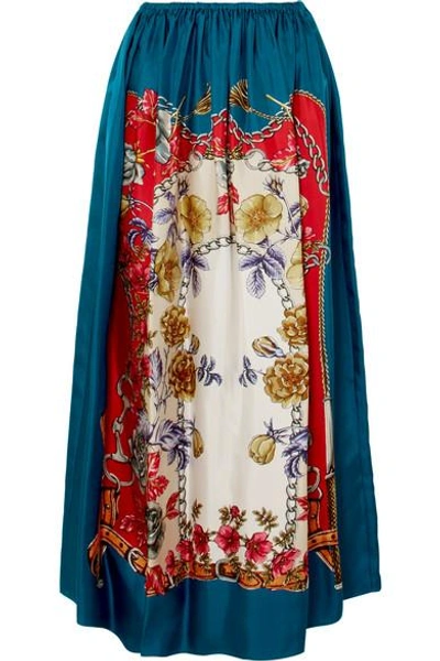 Shop Gucci Printed Silk-twill Midi Skirt In Cobalt Blue