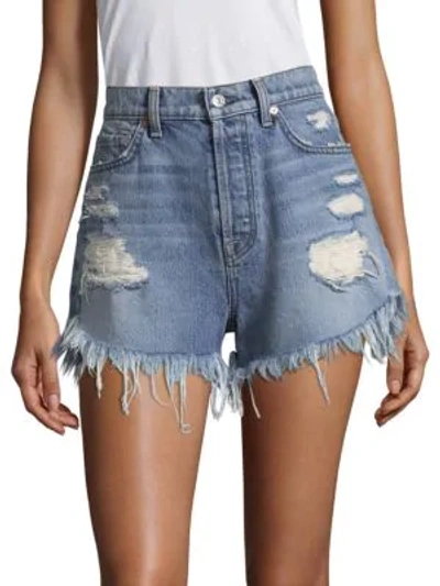 Shop 7 For All Mankind High-waist Distressed Cut-off Shorts In Blue