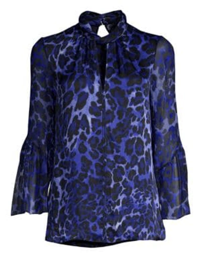 Shop Elie Tahari Laraib Silk Leopard Print Blouse In Maritime Blue