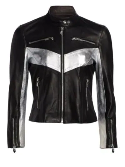 Shop The Mighty Company Chevron Collar Metallic Contrast Leather Jacket In Black Silver