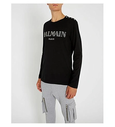Shop Balmain Logo-print Cotton-jersey Top In Noir