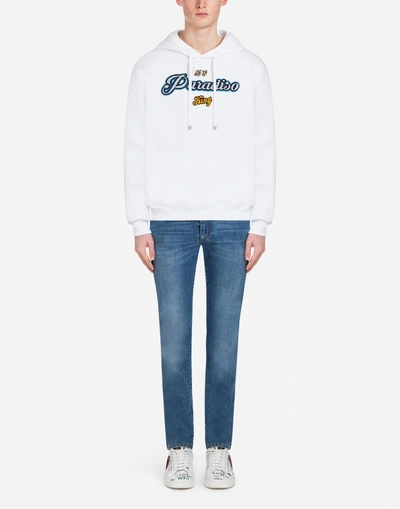 Shop Dolce & Gabbana Cotton Sweatshirt With Patches And Hood In White