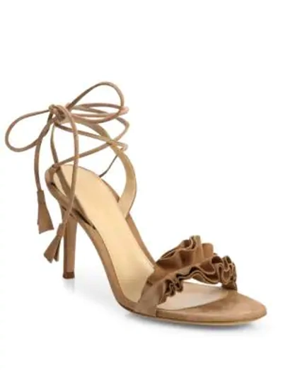 Shop Gianvito Rossi Ruffle Suede Ankle-wrap Sandals In Praline