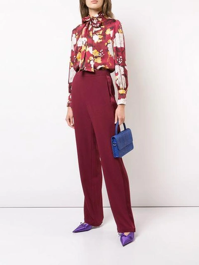 Shop Alice And Olivia Floral Print Tie Neck Blouse In Red