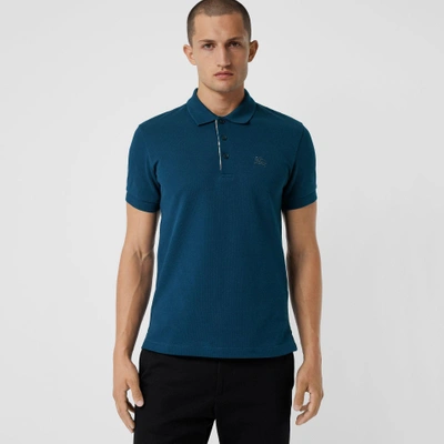 Shop Burberry Check Placket Cotton Polo Shirt In Deep Teal Blue
