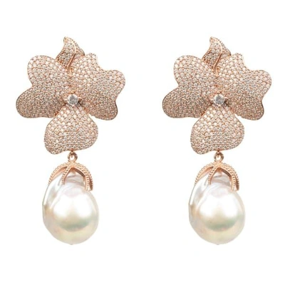 Latelita London White Flower Baroque Pearl Drop Earring Rosegold