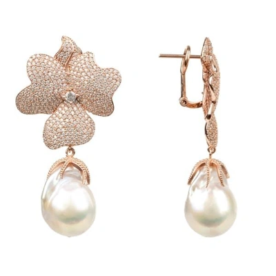 Latelita London White Flower Baroque Pearl Drop Earring Rosegold
