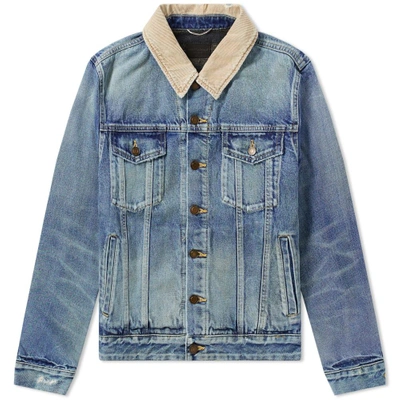 Shop Saint Laurent Corduroy Collar Denim Jacket In Blue