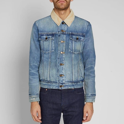 Shop Saint Laurent Corduroy Collar Denim Jacket In Blue