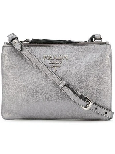 Shop Prada Logo Cross Body Bag - Metallic