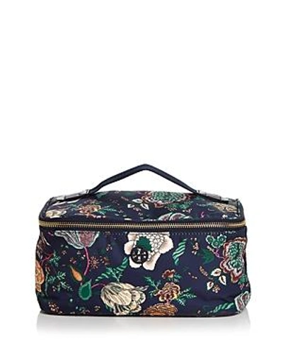 Shop Tory Burch Tilda Medium Floral-print Nylon Travel Cosmetics Box Case In Navy Blue/multi/gold