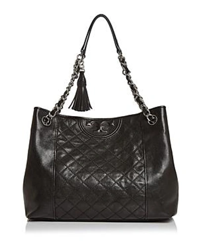 Shop Tory Burch Fleming Medium Distressed Leather Tote In Black/silver