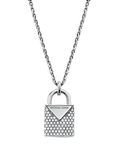 Shop Michael Kors Kors Color Pave Sterling Silver Padlock Charm Necklace In 14k Gold-plated Sterling Silver, 14k Rose 