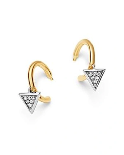 Shop Adina Reyter 14k Yellow Gold & Sterling Silver Pave Diamond Tiny Triangle Charm Huggie Hoop Earrings In White/gold