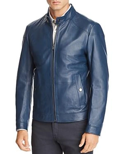 Shop Hugo Boss Boss Nocan Leather Jacket In Blue