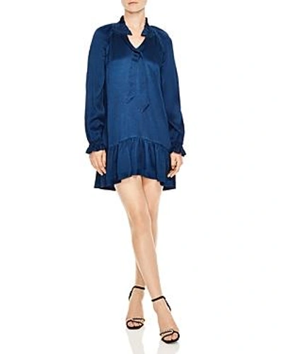 Shop Sandro Butterfly Ruffled Tie-neck Dress In Deep Navy