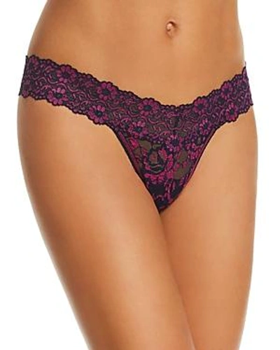Shop Hanky Panky Cross-dyed Signature Lace Low-rise Thong In Navy/bright-amethyst