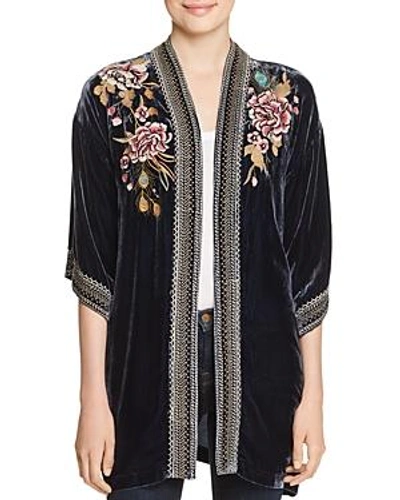 Shop Johnny Was Quito Embroidered Velvet Kimono In Denim Blue