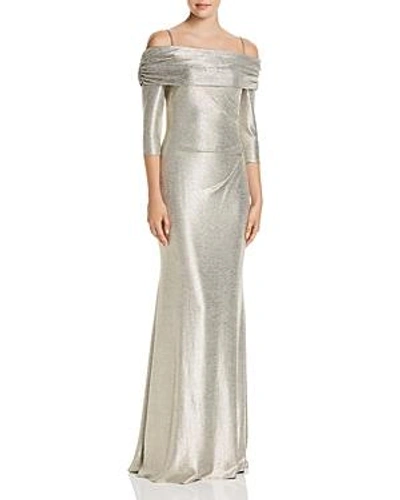 Shop Avery G Off-the-shoulder Metallic Knit Column Gown In Light Gold