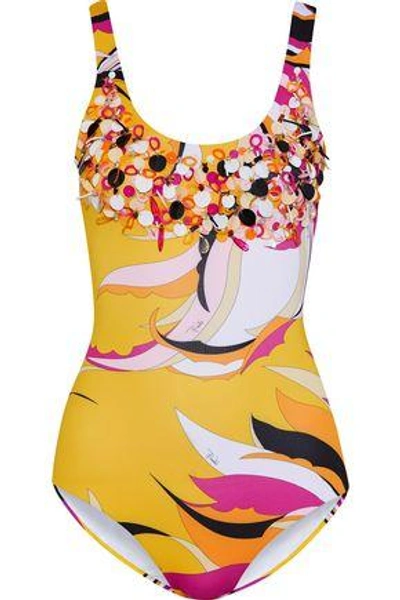 Shop Emilio Pucci Woman Embellished Printed Swimsuit Saffron