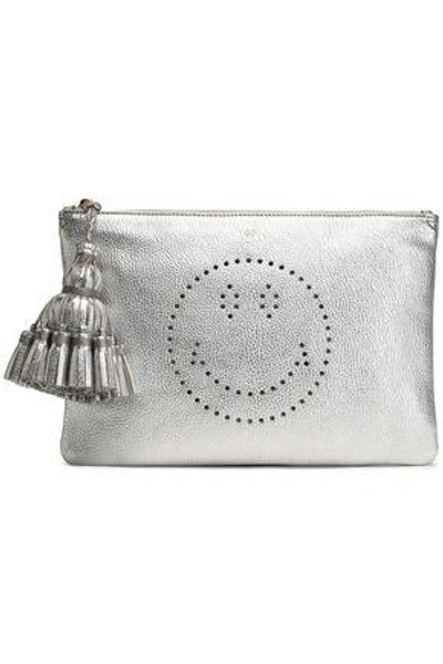 Shop Anya Hindmarch Woman Georgiana Perforated Metallic Textured-leather Clutch Silver