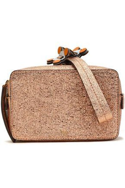 Shop Anya Hindmarch Stack Color-block Metallic Cracked-leather Clutch In Rose Gold