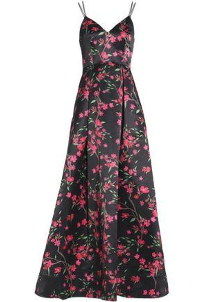 Shop Alice And Olivia Woman Marilla Floral-print Duchesse Satin Gown Black
