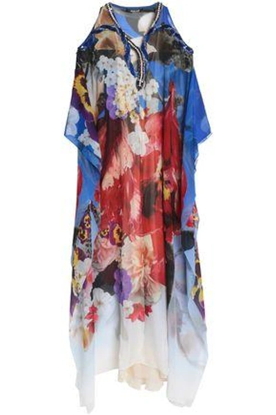 Shop Roberto Cavalli Cold-shoulder Embellished Floral-print Silk-georgette Gown In Bright Blue