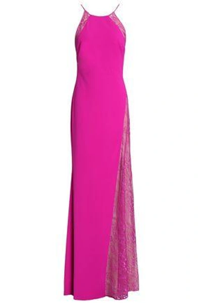 Shop Badgley Mischka Woman Fluted Lace-paneled Crepe Gown Magenta