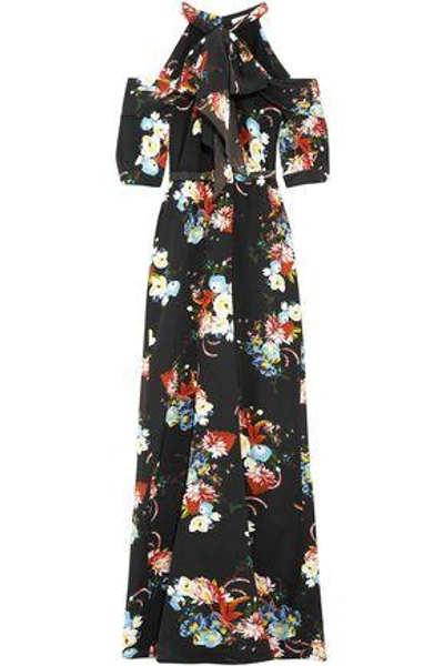 Shop Erdem Woman Annaliese Cold-shoulder Floral-print Silk Crepe De Chine Gown Black