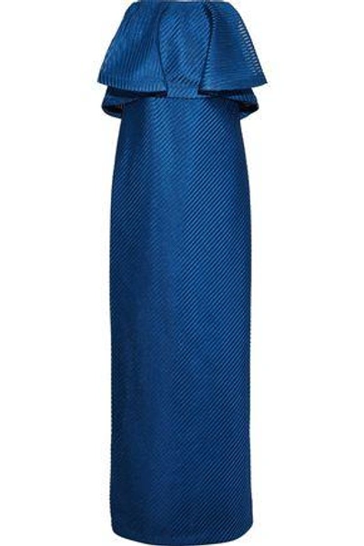 Shop Halston Heritage Strapless Ruffled Ribbed Mesh Gown In Royal Blue
