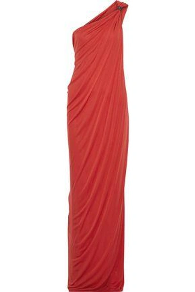 Shop Halston Heritage Woman One-shoulder Draped Jersey Gown Tomato Red