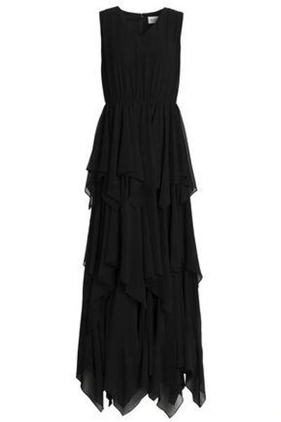 Shop Mikael Aghal Tiered Asymmetric Crepe De Chine Gown In Black