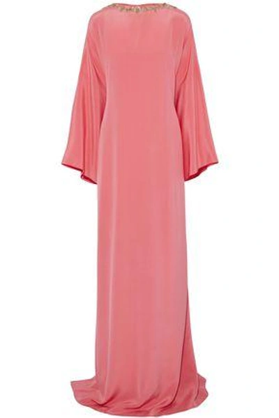 Shop Oscar De La Renta Embellished Silk-satin Gown In Coral