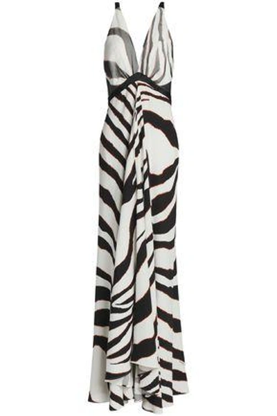 Shop Roberto Cavalli Woman Satin And Mesh-trimmed Zebra-print Stretch-jersey Gown White