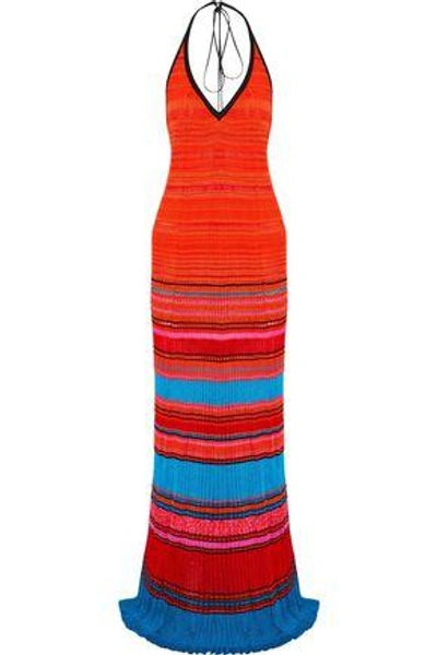 Shop Roberto Cavalli Woman Pleated Striped Crochet-knit Halterneck Gown Tomato Red